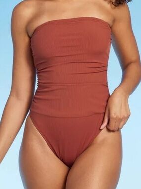 Shade & Shore Shirred Ribbed Bandeau Cheeky One Piece Swimsuit size S